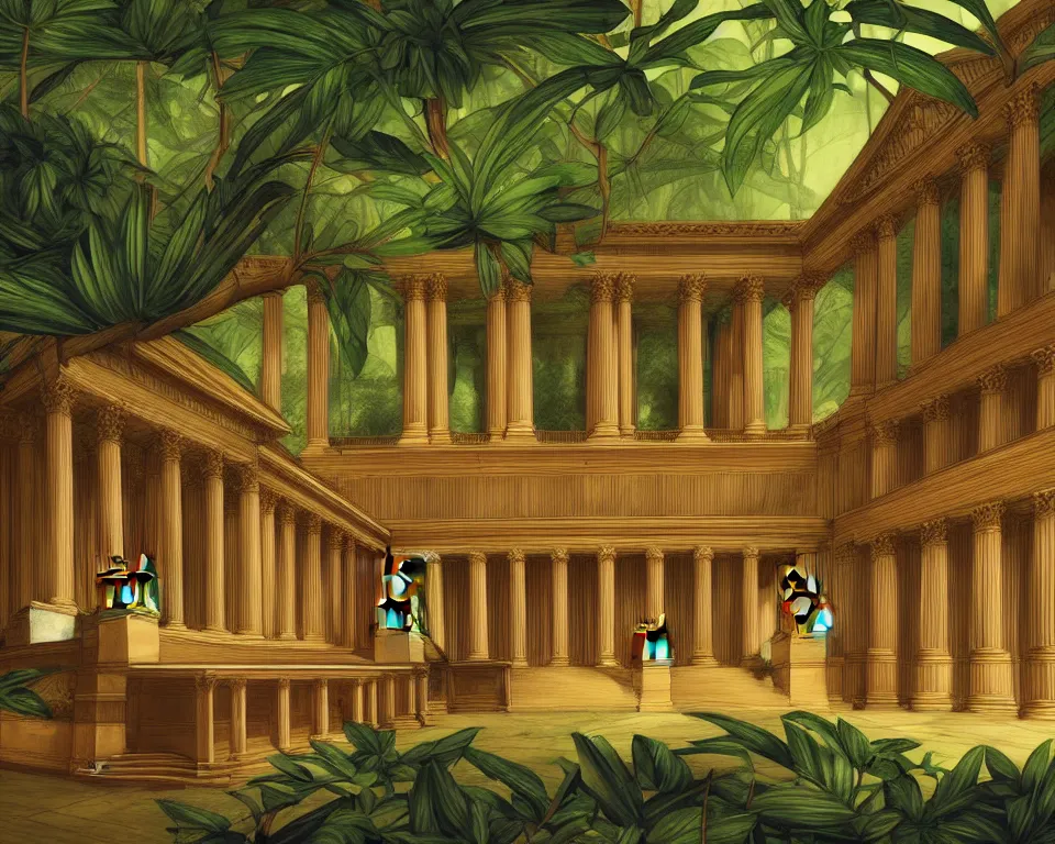 Prompt: the supreme court courtroom in the rainforest by raphael and hopper. hyperdetailed, proportional, romantic, enchanting, achingly beautiful, graphic print, trending on artstation, jungle, tropical, foliage