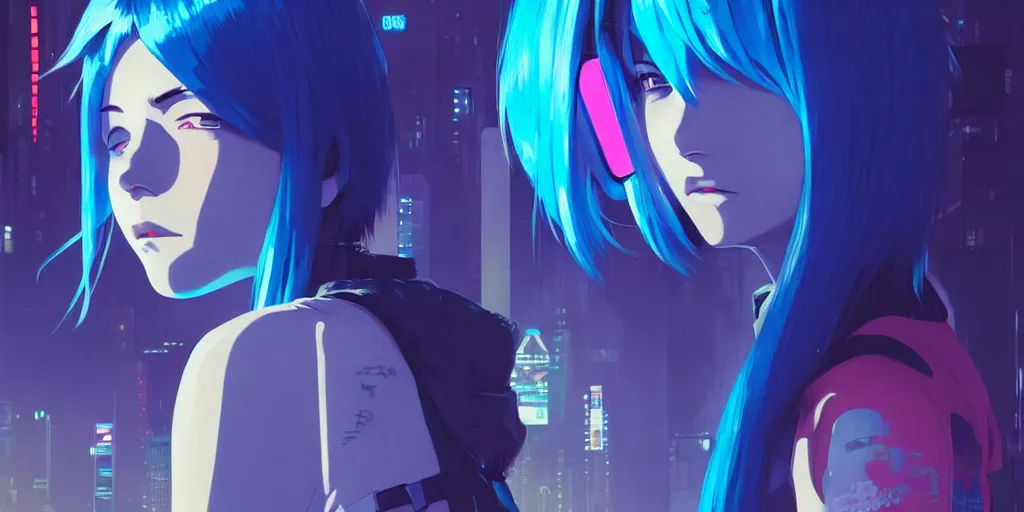 Image similar to digital illustration closeup of cyberpunk pretty girl with blue hair in city street at night by makoto shinkai, ilya kuvshinov, lois van baarle, rossdraws, basquiat