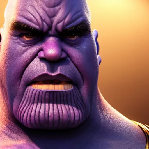 Image similar to a portrait of abdelfattah elsisi as thanos, the pixar adaptation, with same hairstyle, angry facial expressions, hyper detailed, digital art, trending in artstation, cinematic lighting, studio quality, smooth render, unreal engine 5 rendered, octane rendered