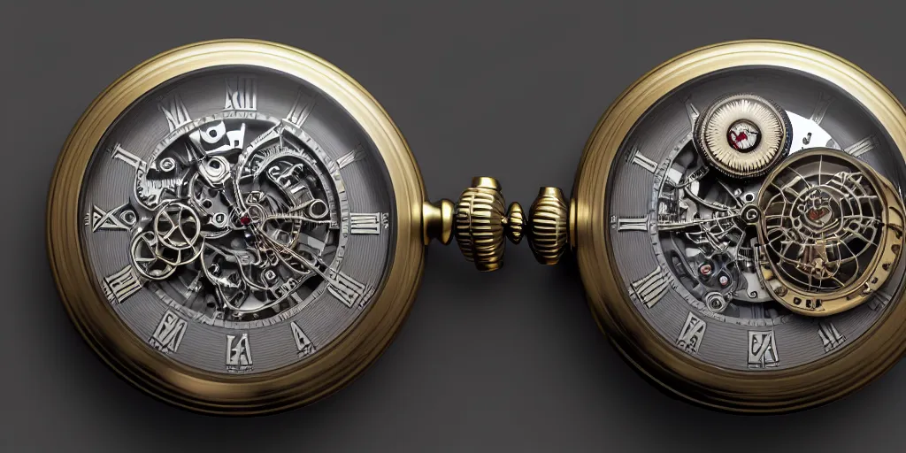 Prompt: exploded view of a pocket watch, highly detailed illustration, photorealistic diagram, 8 k resolution, octane render,