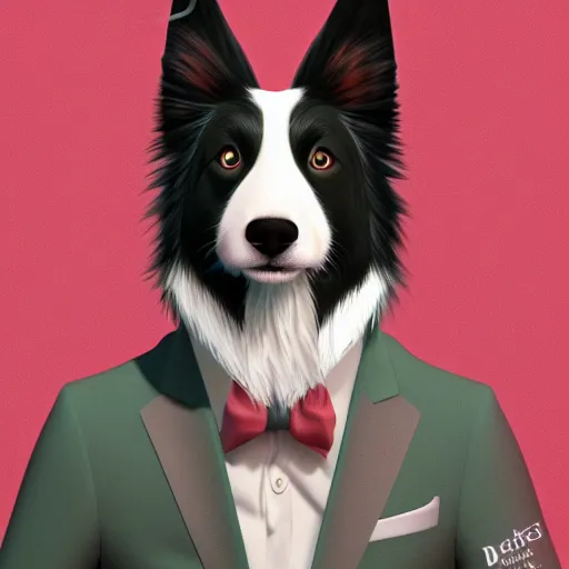Image similar to a portrait of a cute male anthro border collie wearing a suit. fursona commission on furaffinity, disney, detailed, soft lighting, rendered in octane, furry