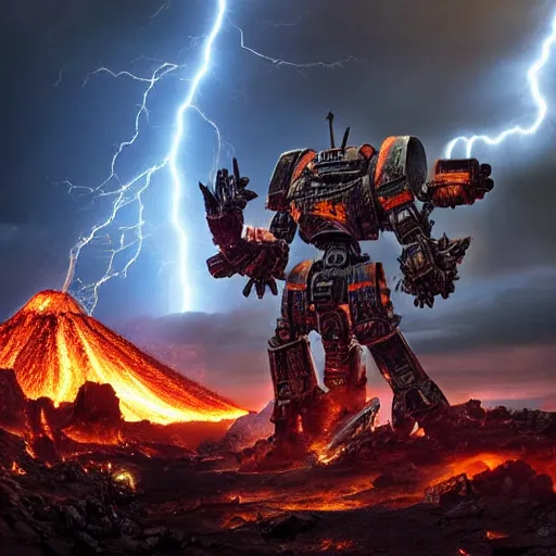 Prompt: a battle between mecha next to an erupting volcano, dark, dramatic lighting, lightning, apocalypse, warhammer 4 0 k