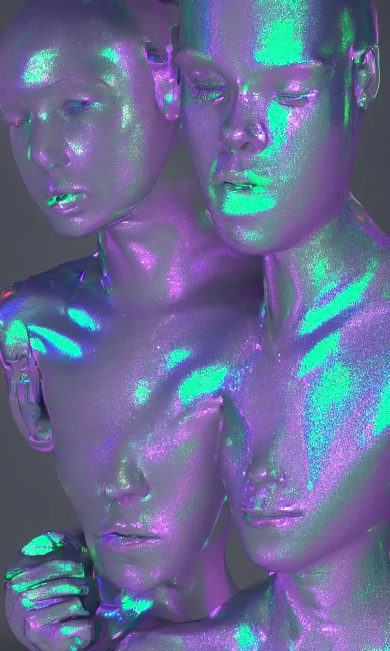 Image similar to 3d render of holographic human robotic made of glossy iridescent, surrealistic 3d illustration of a human face non-binary, non binary model, 3d model human, cryengine, made of holographic texture, holographic material, holographic rainbow, concept of cyborg and artificial intelligence