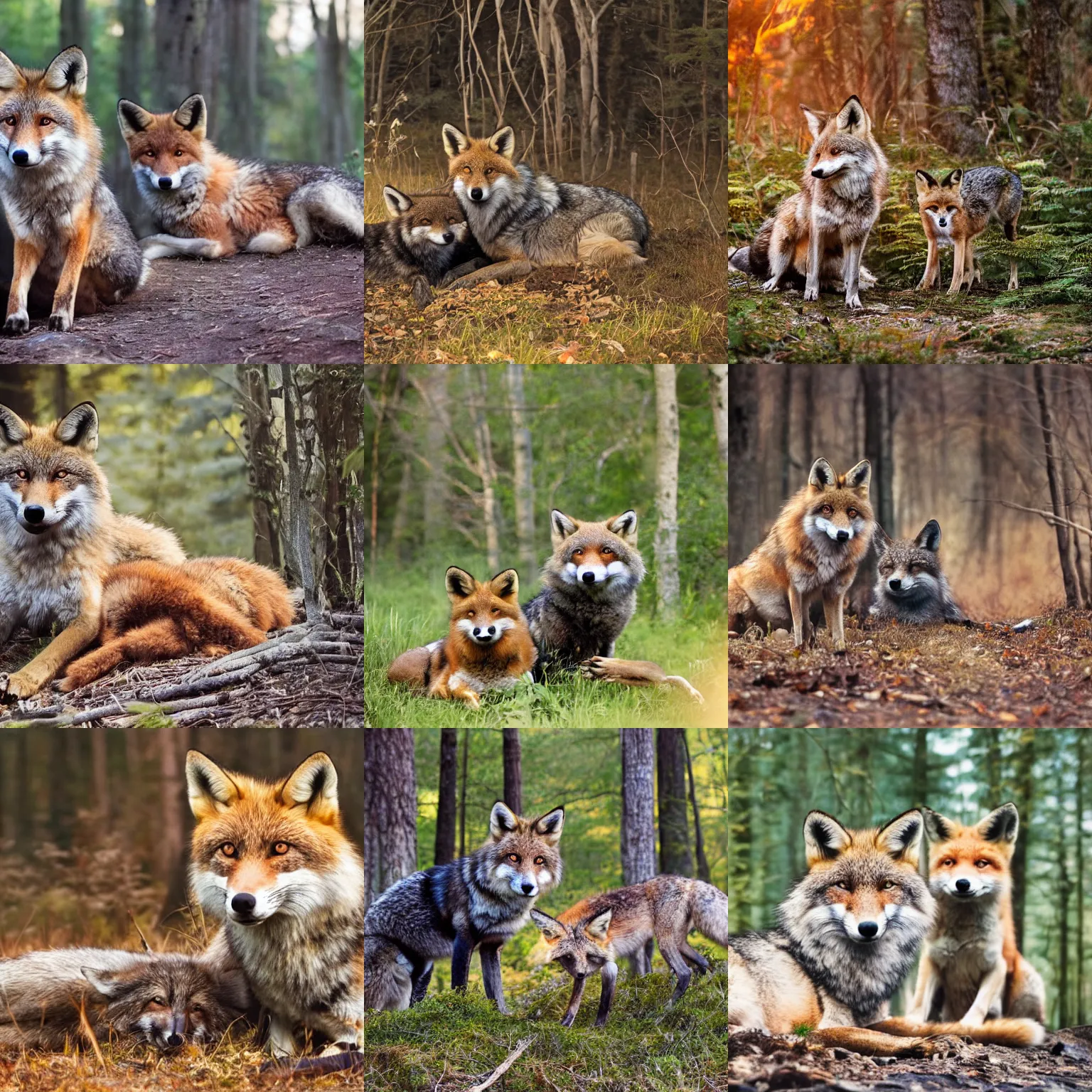 Prompt: a photograph of a wolf sitting next to a fox in the forest, soft golden hour lighting, fox sitting next to a wolf