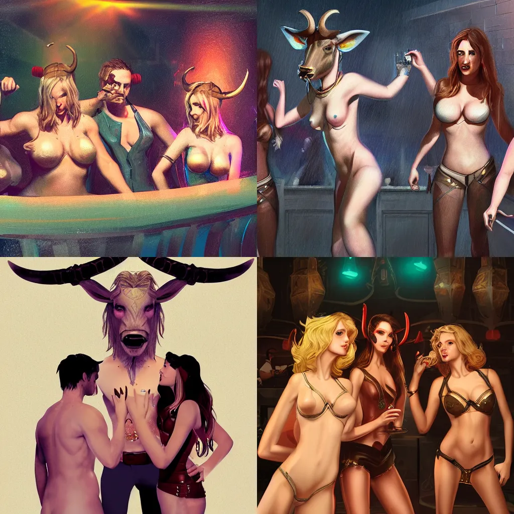 Prompt: a minotaur with 2 blonde ladies at a nightclub, grek rutkowski, artstation