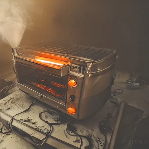 Image similar to toaster oven mecha head, dark messy smoke - filled cluttered workshop, dark, dramatic lighting, orange tint, sparks, cinematic, highly detailed, sci - fi, futuristic, movie still