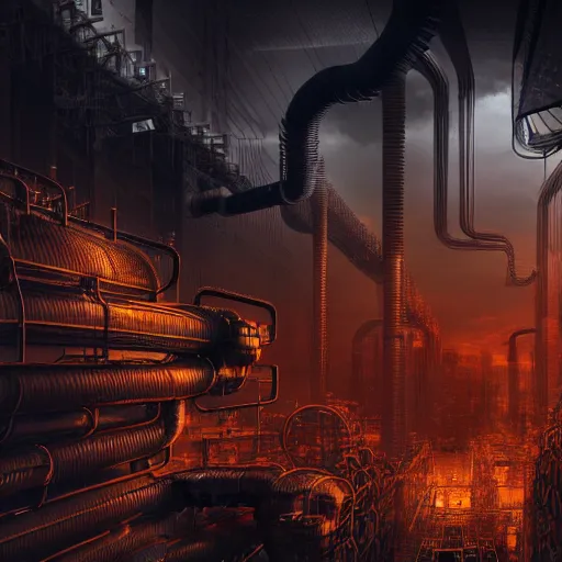 Image similar to futuristic dystopian endless, intricate, complex, labyrinthine, byzantine, tangled, industrial megafactory complex, smokestacks, pipelines and ducts and vents, matte painting, steampunk, smoke, night, gloomy, dark, dramatic, cinematic, volumetric lighting, gods eye view