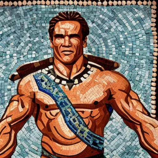 Image similar to ancient greek mosaic of arnold schwarzenegger as link from zelda