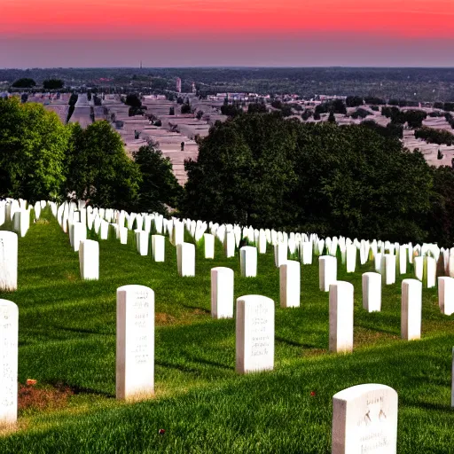 Prompt: 8 k, hd, high quality, detailed, award winning photography of arlington national cemetery at dusk.