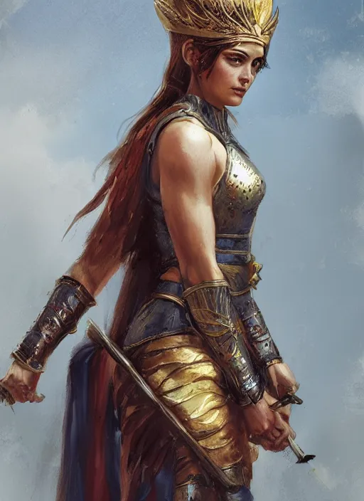 Image similar to A portrait of a beautiful greek warrior queen in the style of Greg Rutkowski, in style of Charles Sillem Lidderdale, artstation, high quality art