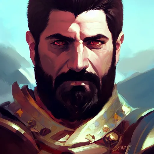 Image similar to portrait of king leonidas of sparta 4 k, concept art, by wlop, ilya kuvshinov, artgerm, krenz cushart, greg rutkowski, pixiv. cinematic dramatic atmosphere, sharp focus, volumetric lighting, cinematic lighting, studio quality