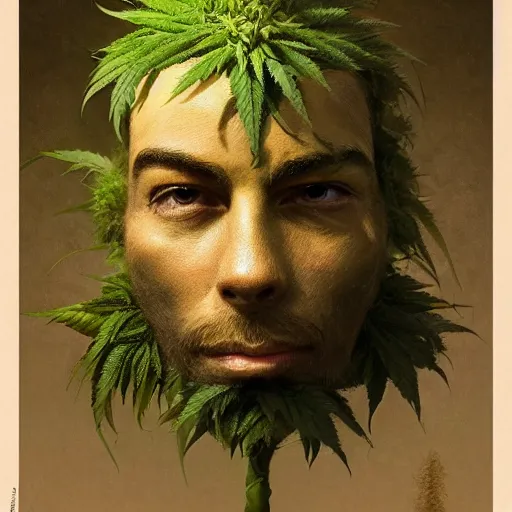 Image similar to a man made of hemp, with a head in the form of a cannabis bloom, like baby grut, green skin, character, art by james jean and greg rutkowski!!, realistic face, digital art, chibi style, golden ratio, perfect composition, trending on artstation, 8 k