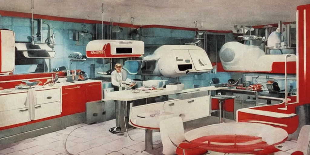 Image similar to soviet retro - futuristic kitchen, space station