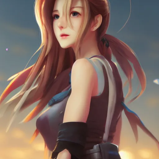 Image similar to head to toe shot of aerith ff7 by wlop, rossdraws, mingchen shen, bangkuart, sakimichan, yan gisuka, jeongseok lee, artstation, 4k