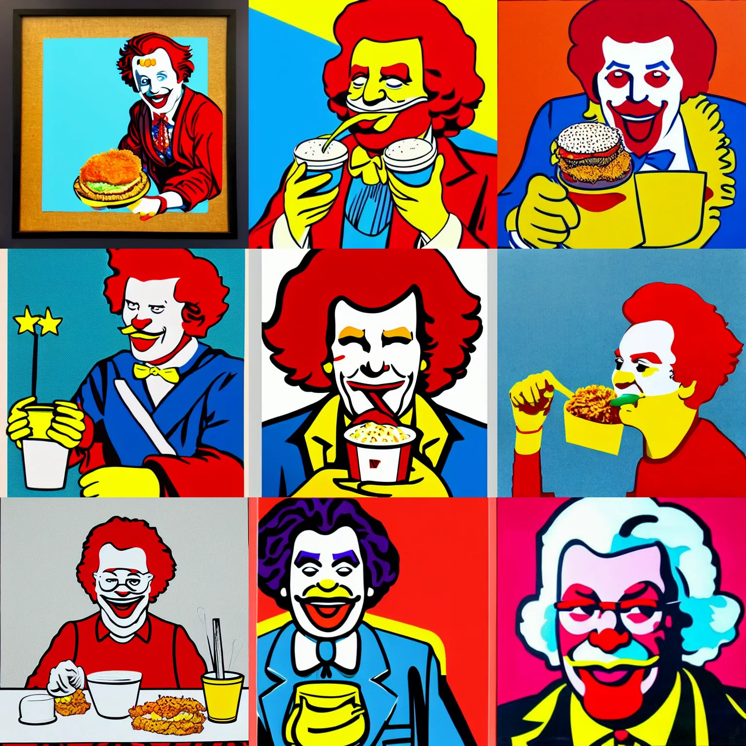 Prompt: ronald mcdonald eating kfc nuggets, pop art