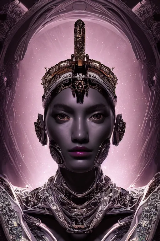 Image similar to a beautiful empress portrait, with a brilliant, impossible striking big cybernetic headpiece, cybernetic clothes, symmetrical, dramatic studio lighting, rococo, baroque, asian, hyperrealism, closeup, D&D, fantasy, intricate, elegant, highly detailed, digital painting, artstation, octane render, 8k, concept art, matte, sharp focus, illustration, art by Artgerm and Greg Rutkowski and Alphonse Mucha