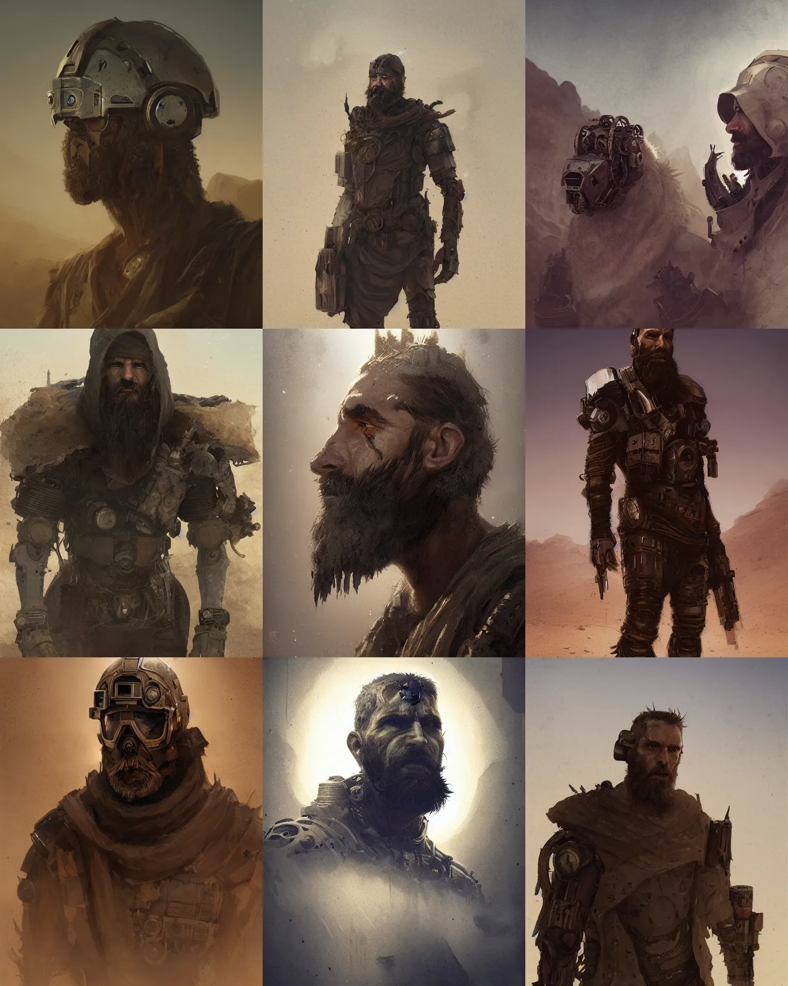 Prompt: a bearded cloaked rugged mercenary man with lost in the desert, scifi character portrait by greg rutkowski, esuthio, craig mullins, fullbody portrait, cinematic lighting, dystopian scifi gear, gloomy, profile picture, mechanical, half robot, implants, steampunk
