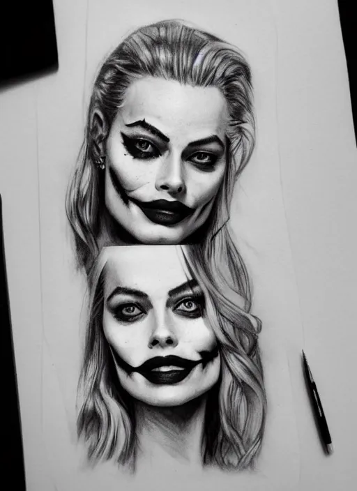 Image similar to tattoo design sketch of beautiful margot robbie portrait with joker makeup, holding an ace card, in the style of den yakovlev, realistic face, black and white, realism tattoo, hyper realistic, highly detailed