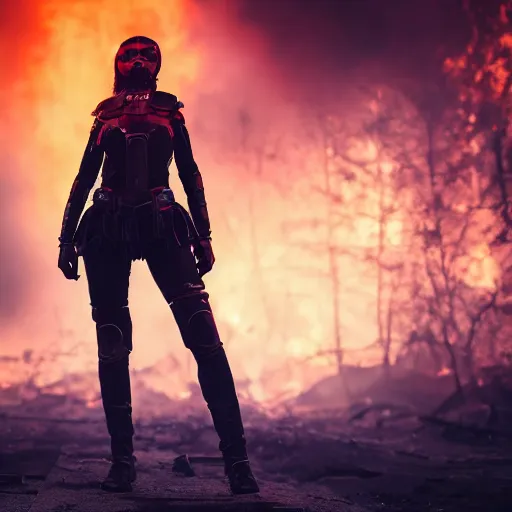 Image similar to beautiful android girl in full battle gear in a destroyed city, surrounded by fire, ground fog, moody lighting, 8 k, shallow depth of field, cinematic lighting,