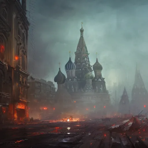 Image similar to moscow in a post apocalyptic earth as seen by greg rutkowski, dark theme, enchanted, warm colors, high quality, waw, trending on artstation