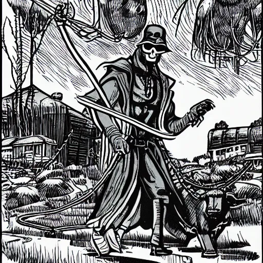 Prompt: grim reaper in retro sunglasses walking a cow on a leash Dungeons and Dragons Monster Manual, line art illustration, 1981, high detail