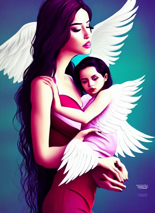 Image similar to beautiful women with wings holding her baby, latina, rule of thirds, haze, intricate, symmetrical!!, makeup, loreal, maybelline, depth of field, cinematic, filmic, vsco, concept art, artstation, digital painting, elegant, model