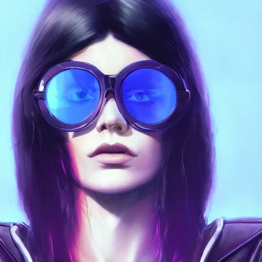 Image similar to very detailed masterpiece closeup painting of a very beautiful young mexican cyberpunk woman with light blue shutter shades, one side haircut, dark purple hair, purple leather jacket, portrait, synthwave background, artstation, concept art by greg rutkowski