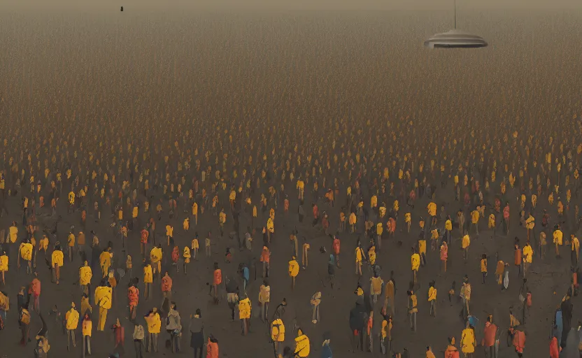 Image similar to an intricate matte painting of a crowd of people, by simon stalenhag, rust, yellow and black trim, trending on artstation, hdr, 8 k
