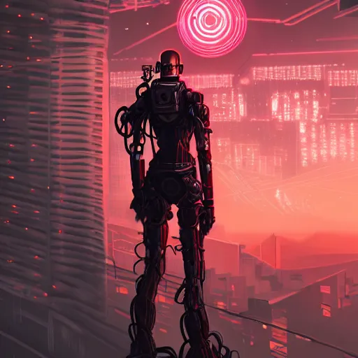 Prompt: male character with short white hair, has a singular robotic arm, city in background, neonpunk, dystopian, scifi, intricate, detailed red lighting, digital art, trending on artstation