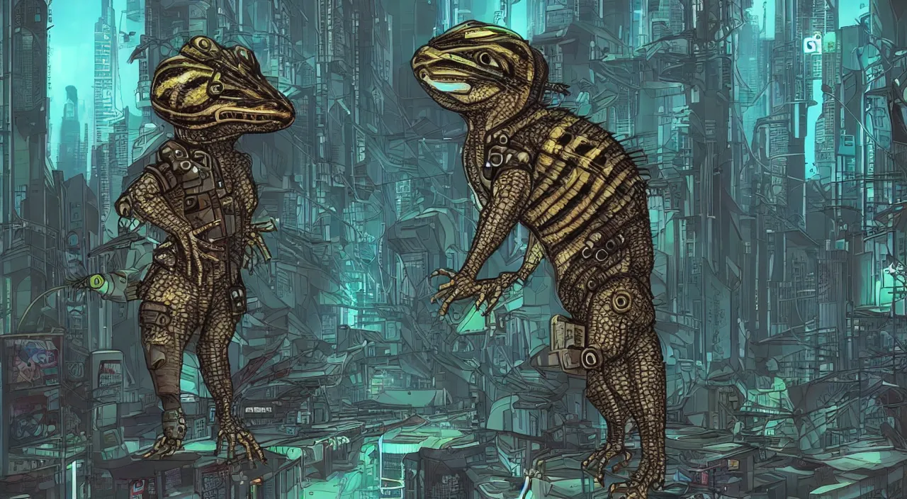 Prompt: Cyberpunk Alien chipmunk alligator hybrid in a dystopian city looking for trouble