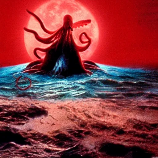 Image similar to the filmic anti - christ rising from a red ocean. ominous. vivid color detailed photograph from a 1 9 9 0 s horror movie. alien squid in the background.