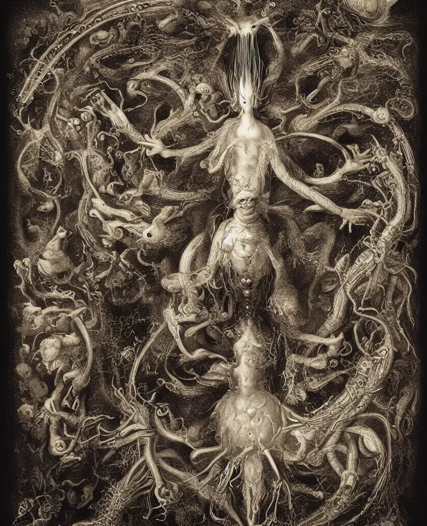 Image similar to whimsical freaky creature sings a unique canto about'as above so below'being ignited by the spirit of haeckel and robert fludd, breakthrough is iminent, glory be to the magic within