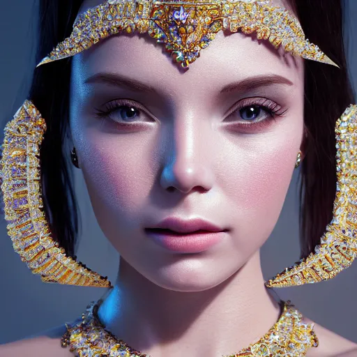 Image similar to portrait of wonderful princess of diamond with fair skin, ornate with diamonds, 8 k, gorgeous, intricate, detailed, glowing white accent lighting, dramatic lighting, octane render