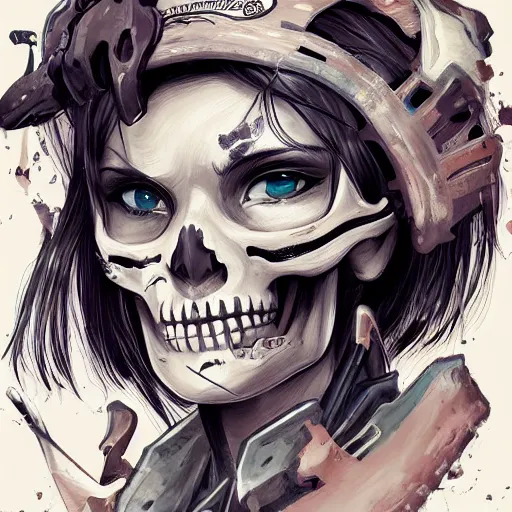 Prompt: anime manga skull portrait young woman skeleton, horse, painterly, logo, graffiti, elegant, highly detailed, digital art, art by jc leyendecker and sachin teng