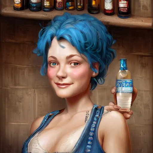 Image similar to an insanely detailed portrait of a smiling beautiful barmaid with short blue hair working at a rustic saloon, highly detailed features, sparkling blue eyes, long eyelashes, in the style of peter mohrbacher, artgerm, dramatic lighting and composition, octane render, trending on artstation, concept art 8 k