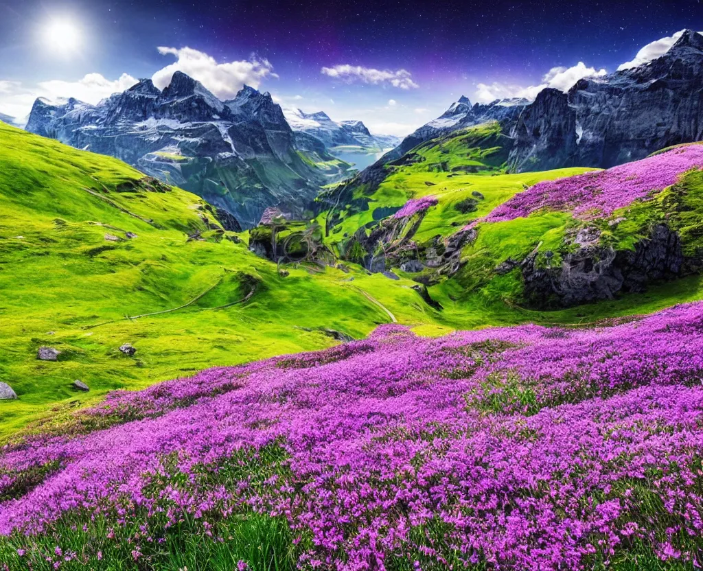 Prompt: Amazing Switzerland Spring Grass flowers landscape with Northern lights