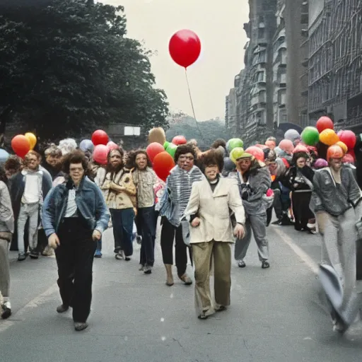 Prompt: A large group of people parading through the street holding balloons, there are a lot of ballons, calm afternoon, overcast day, 1980s.