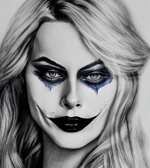 Image similar to beautiful margot robbie portrait with joker makeup with faded outline, in the style of den yakovlev,, black and white realism drawing, hyper realistic, highly detailed