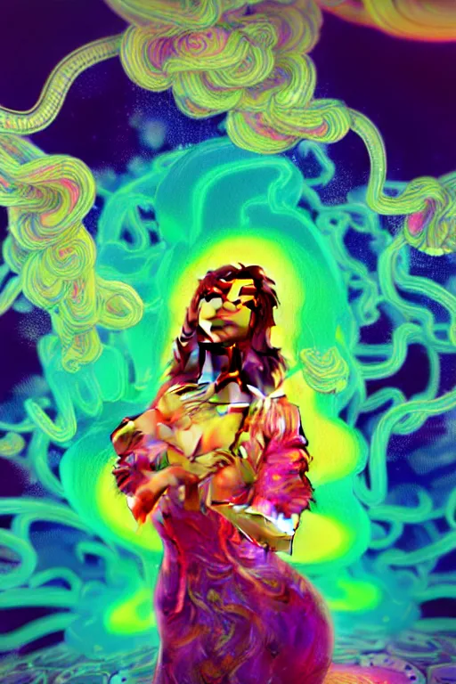 Prompt: a gorgeous woman surrounded by colorful liquid clouds and neon smoke, extremely detailed, in a psychedelic experience, psilocybin, dmt, lsd, face, highly detailed, artstation, alphonse mucha, hana yata, and artem demura and beeple, bill sienkiewicz, octane render, unreal engine, 8 k