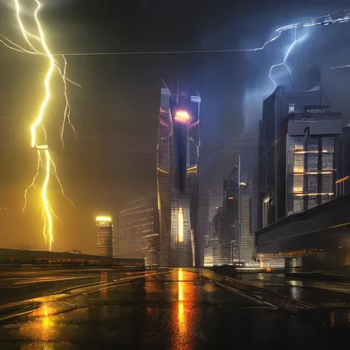 Image similar to cityscape during a lightning storm, futuristic, 8k, ray tracing, volumetric lighting, james verbicky, professional, concept art, artstation hd, trending on social media,