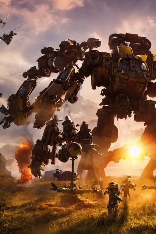 Prompt: mech warriors attack an idyllic english village, photo-realistic, golden hour, epic