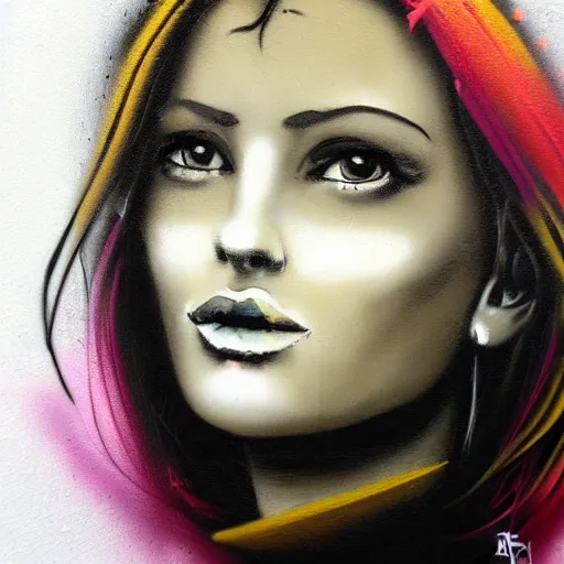 Image similar to graffiti portrait of beautiful female, close up face, by Banksy, trending on Artstation