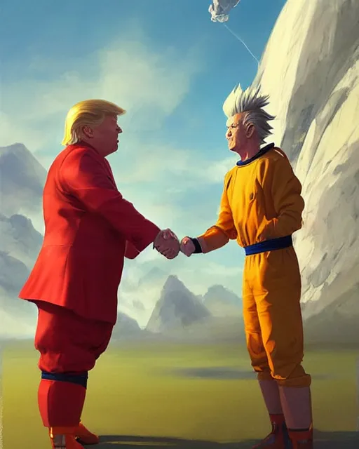 Image similar to donald trump and san goku facing each other off dressed in spaceship pilot dresses shaking hands, portrait, illustration, rim light, top light, perfectly shaded, spring time, slight overcast lighting, soft painting, art by krenz cushart and wenjun lin