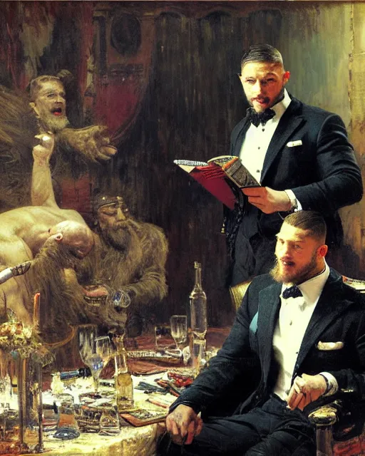 Image similar to tom hardy ( ( ( beard ) ) ) clean - shaven, reciting poetry to a room full of businessmen, painting by gaston bussiere, craig mullins, j. c. leyendecker