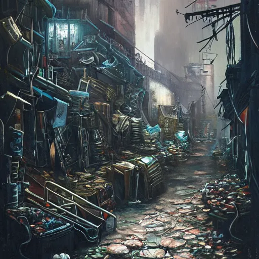 Prompt: a spectacular painting of an aetherpunk alleyway where an evil miasma is rising up from among the piles of refuse on a dark night : 2. 5, by paul cadden and chris foss : 2, nib pen and gouache : 2, photorealistic urban : 2, trending on artstation : 1