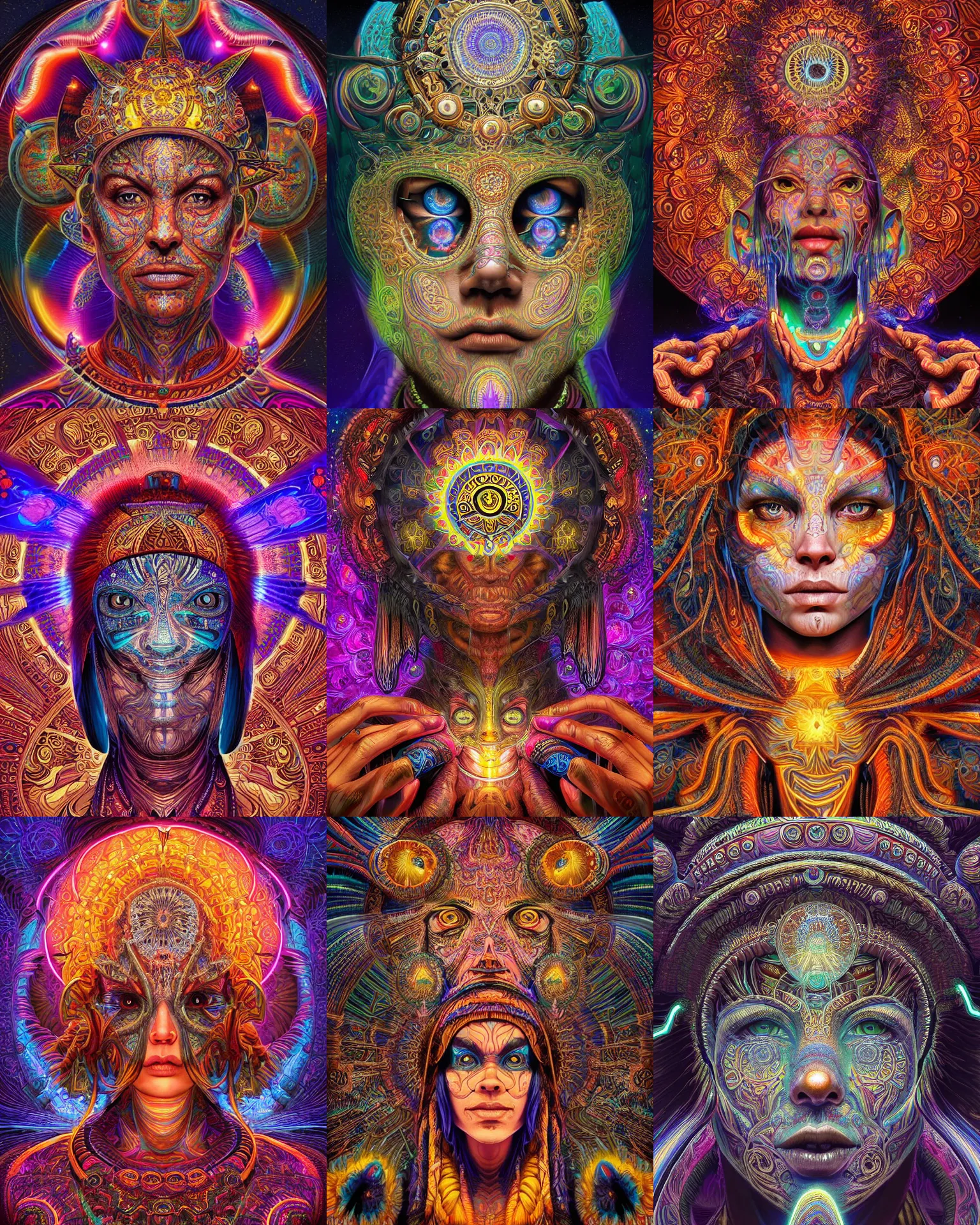 Prompt: a intricate ornate psychedelic image of a shaman with a glowing third eye, digital art by artgerm, alex grey, dan mumford, felix kelly, psychedelic art, psychedelic, fractalism, fractals, sacred geometry, trending on artstation, hyper realism, highly detailed, cgsociety, octane render, raytracing, 3 d