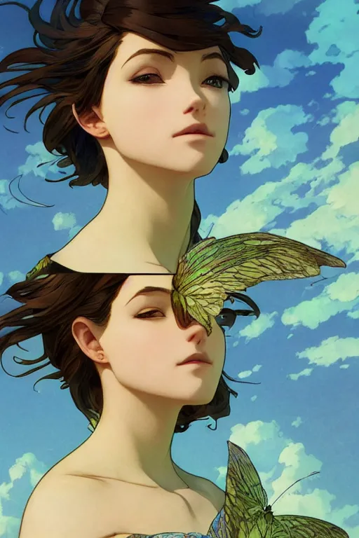 Prompt: a beautiful render of a beautiful female air sprite, wind, a beautiful face, perfectly shaded, atmospheric lighting, style of makoto shinkai, raphael lacoste, louis comfort tiffany, artgerm, karol bak, james jean, alphonse maria mucha