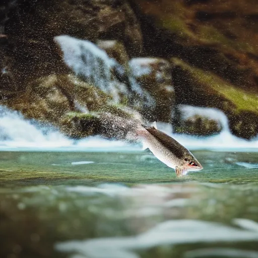 Image similar to movie still of a jumping salmon in alaska, splash art, photorealistic features, cinematic lighting, dramatic, octane render, long lens, shallow depth of field, bokeh, anamorphic lens flare, hyper detailed, 3 5 mm film grain