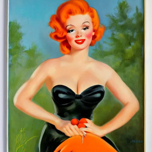 Image similar to pinup girl, cartoon, soft orange hair, beautiful, romantic, fair skin, 1 9 4 0's, normal rockwell, oil painting