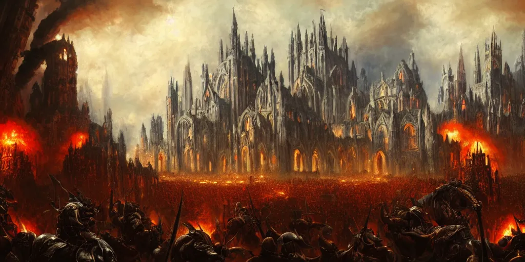 Image similar to highly detailed portrait painting of an ancient gods on hell horses war battle, abbey warhammer battle, old abbey in the background, character in the foreground, cathedrals, giant columns, arcane magic explosions by liang xing, 8 k resolution